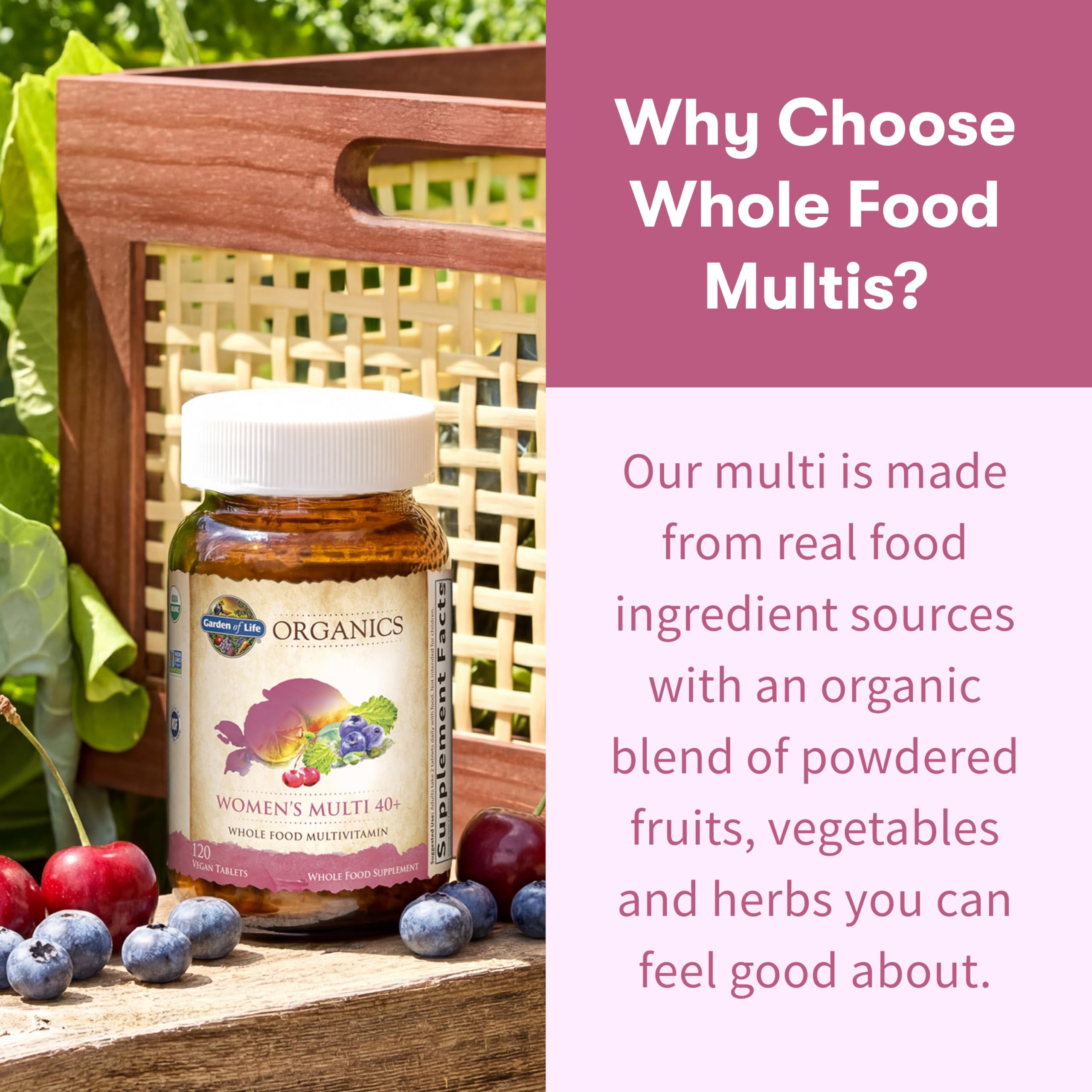 Garden of Life Organics Women 40+ ingredients notes highlight real-food sourcing.