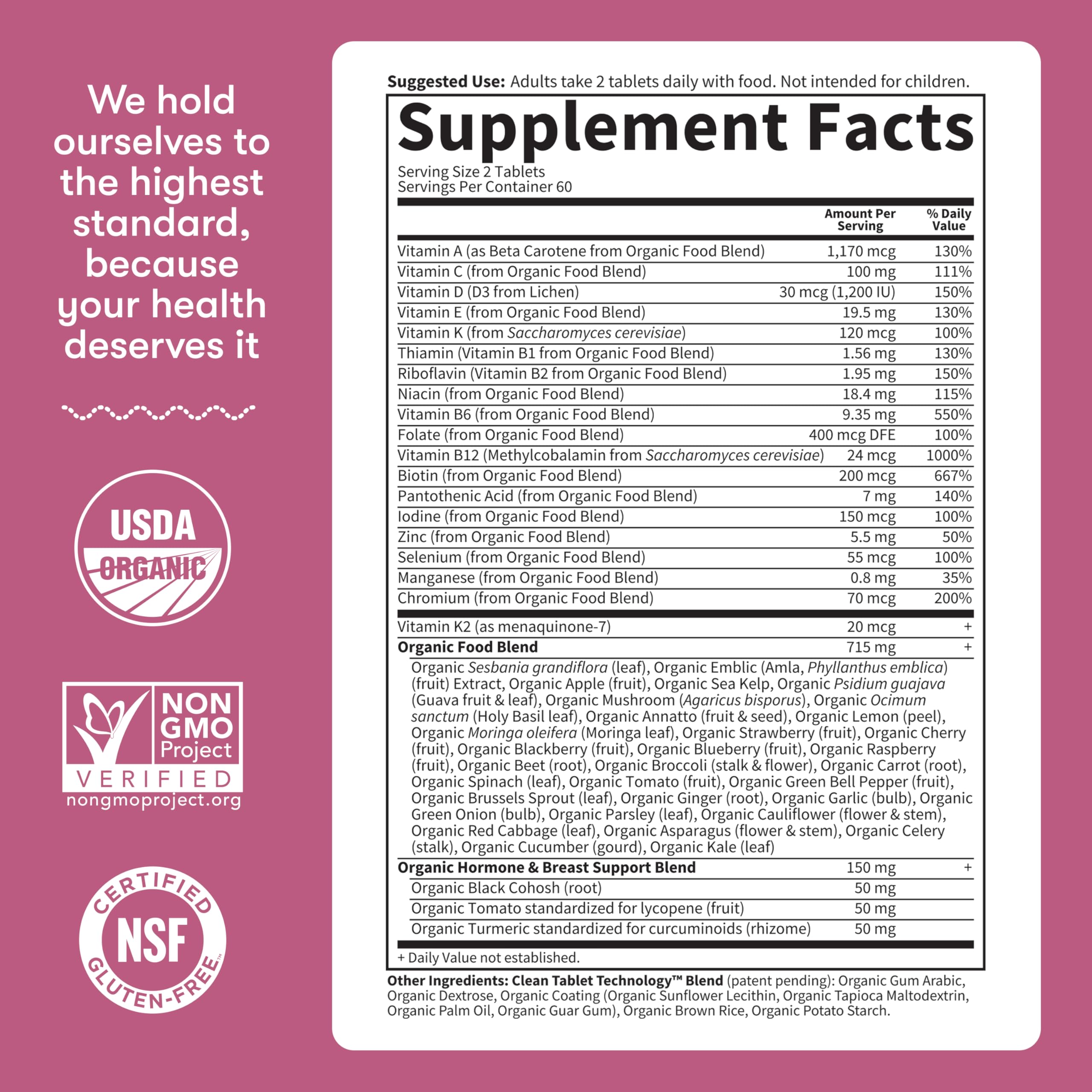 Garden of Life Organics Women 40+ vegan symbol on packaging.