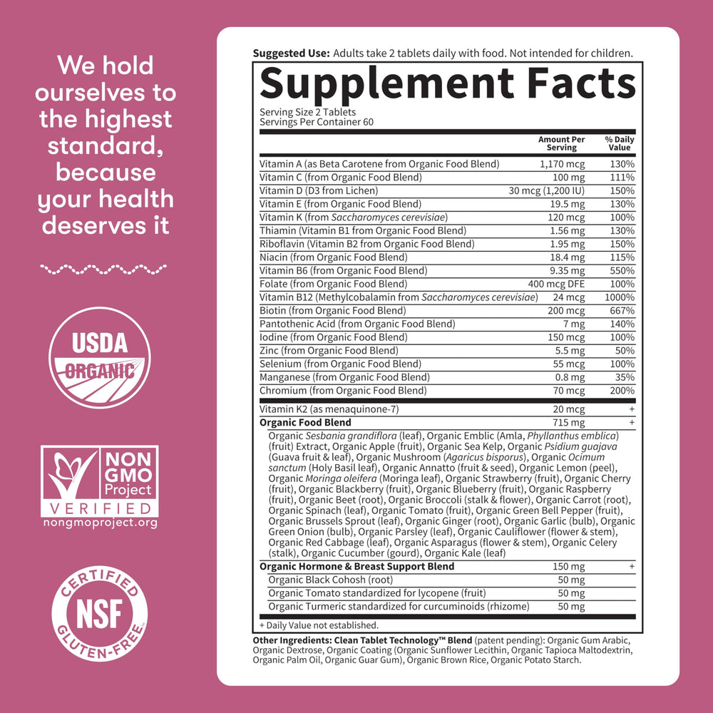 Garden of Life Organics Women 40+ vegan symbol on packaging.