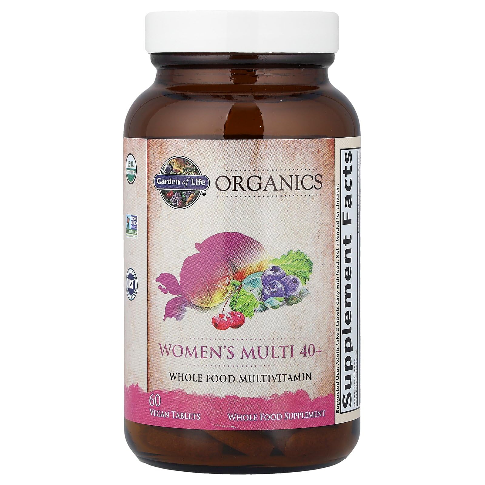 Garden of Life Organics Women 40+ tablets shown as a two-tablet daily serving