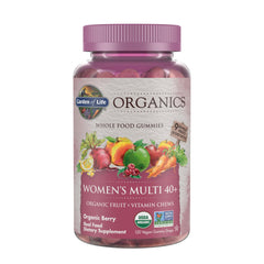 Garden of Life Organics Women 40+ gummies in a berry bottle, showing daily support.