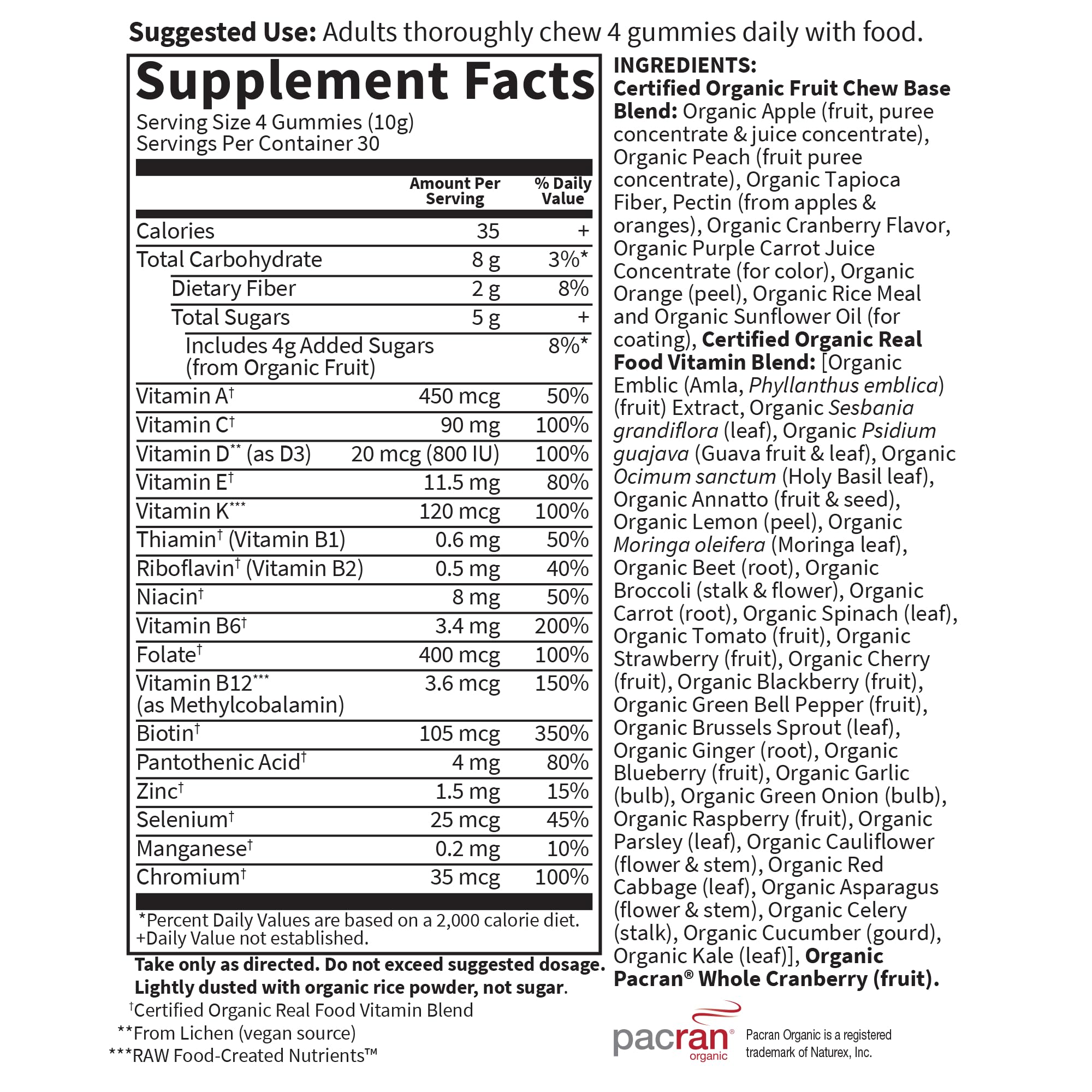 Ingredients list for Garden of Life Organics Women’s Multi Gummies, highlighting organic fruits