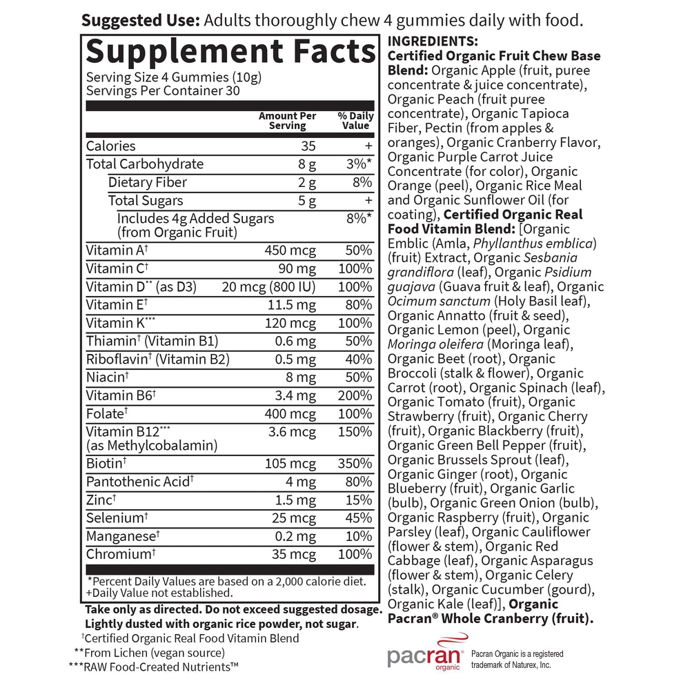 Ingredients list for Garden of Life Organics Women’s Multi Gummies, highlighting organic fruits
