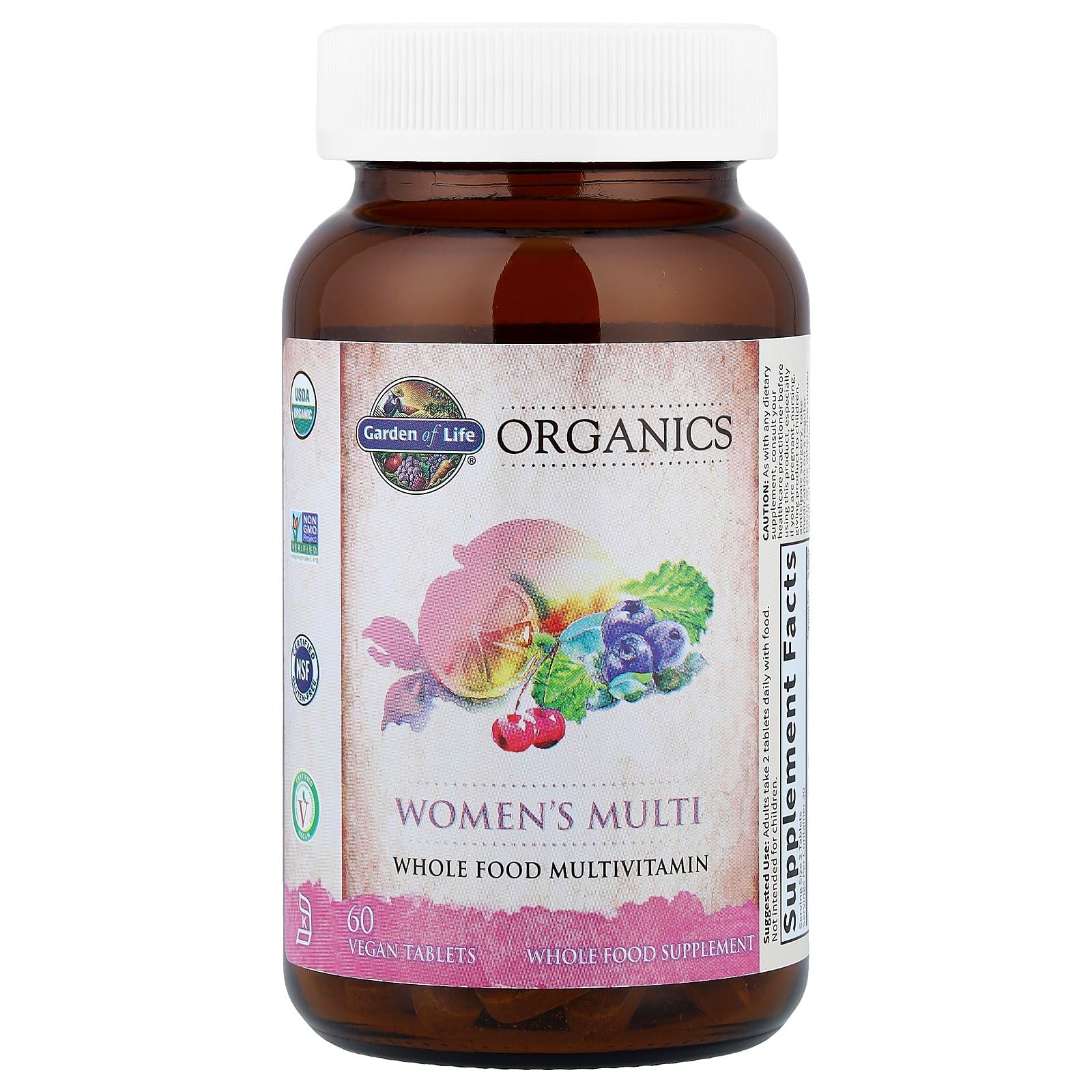 Two-tablet view of Garden of Life Organics Women's Multivitamin on a clean surface