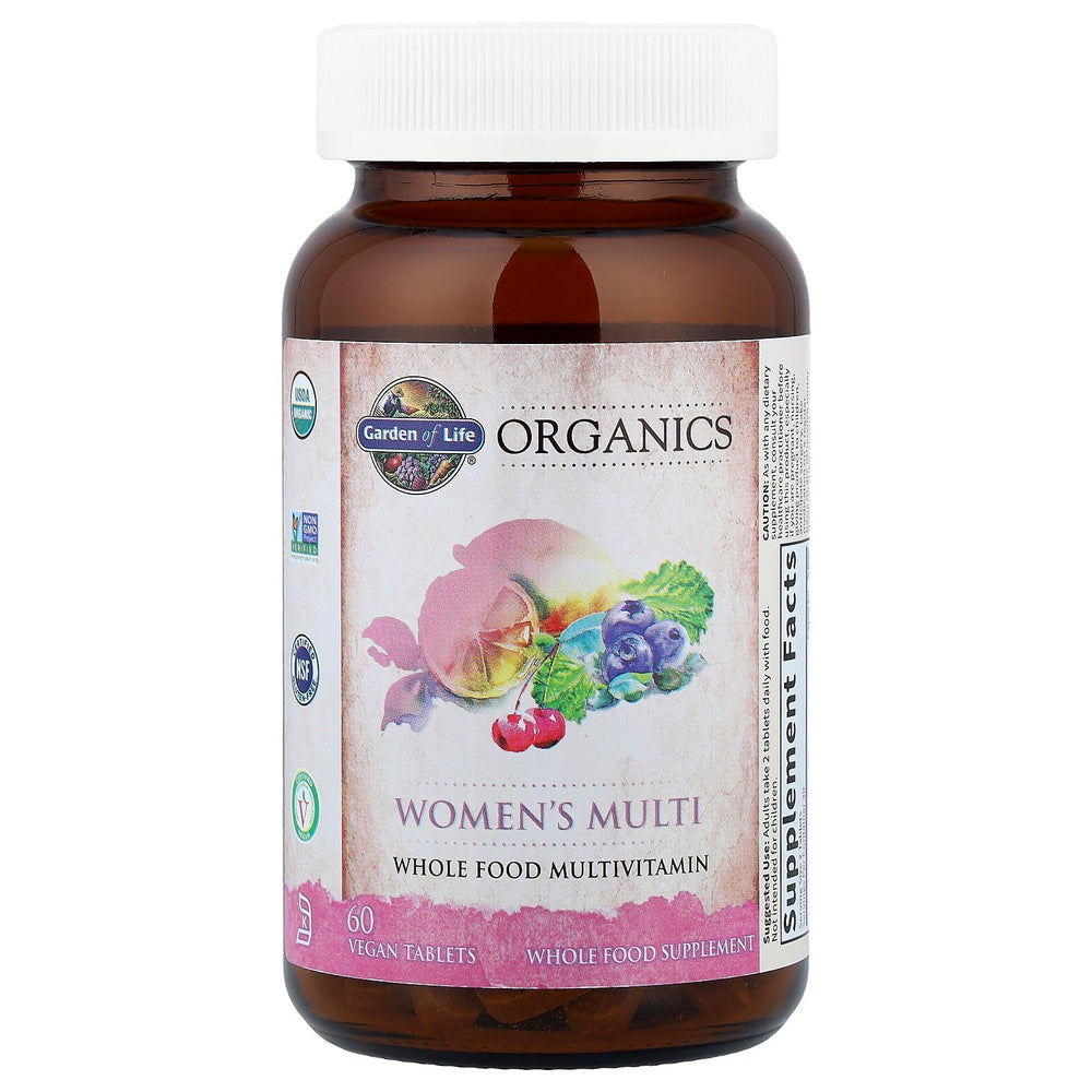 Two-tablet view of Garden of Life Organics Women's Multivitamin on a clean surface