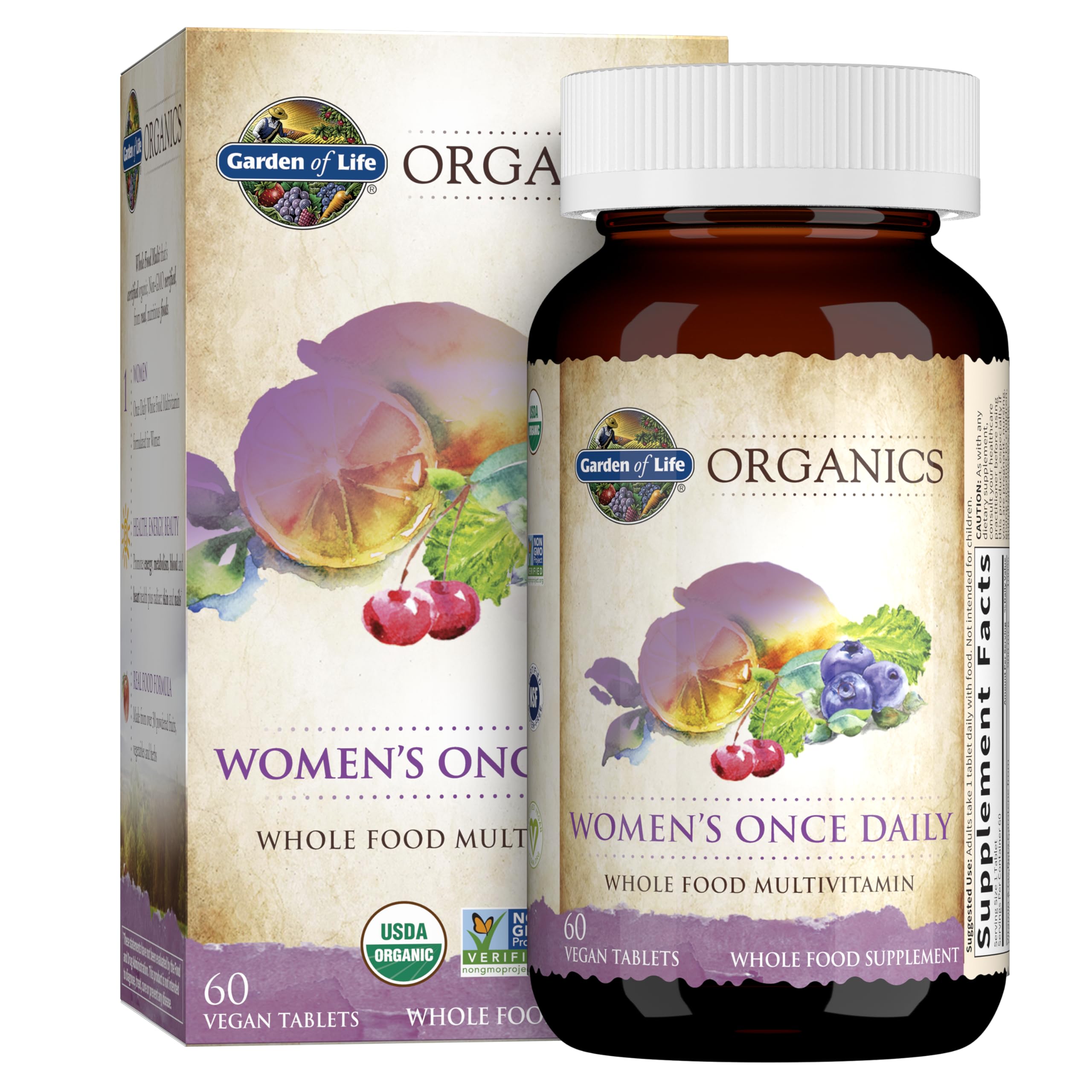 Garden of Life Organics Women's Multivitamin bottle front showing whole‑food ingredients for daily energy