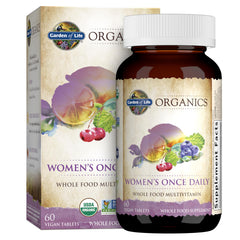 Garden of Life Organics Women's Multivitamin bottle front showing whole‑food ingredients for daily energy
