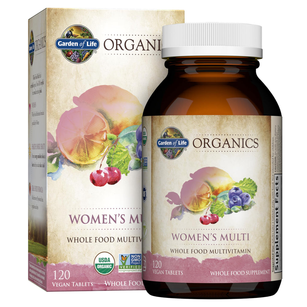 Garden of Life Organics Women's Multivitamin bottle supports daily energy and wellness.