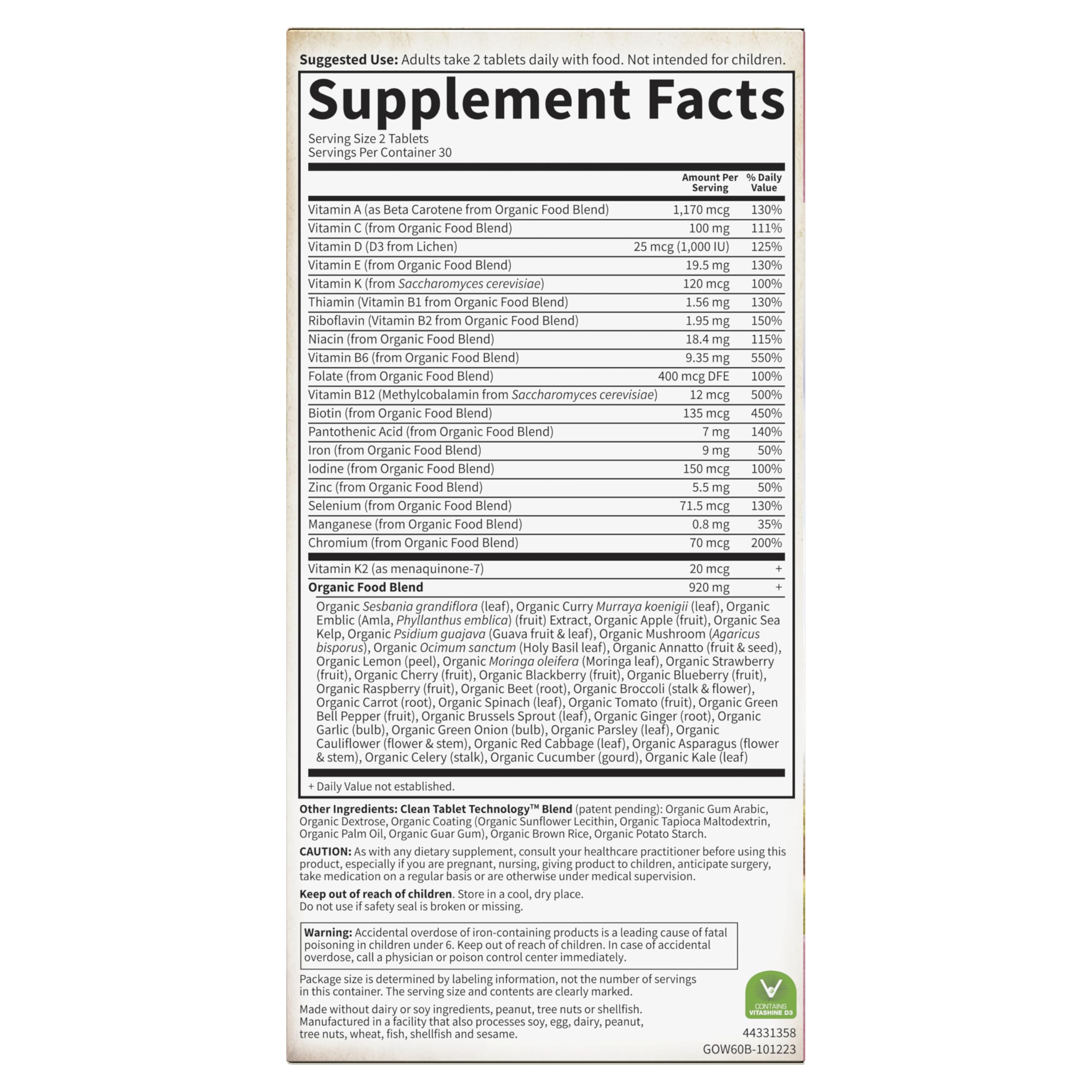 Gluten-free and kosher icons on Garden of Life Organics Women's Multivitamin packaging