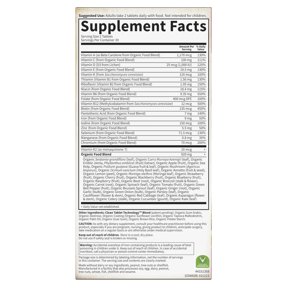Gluten-free and kosher icons on Garden of Life Organics Women's Multivitamin packaging