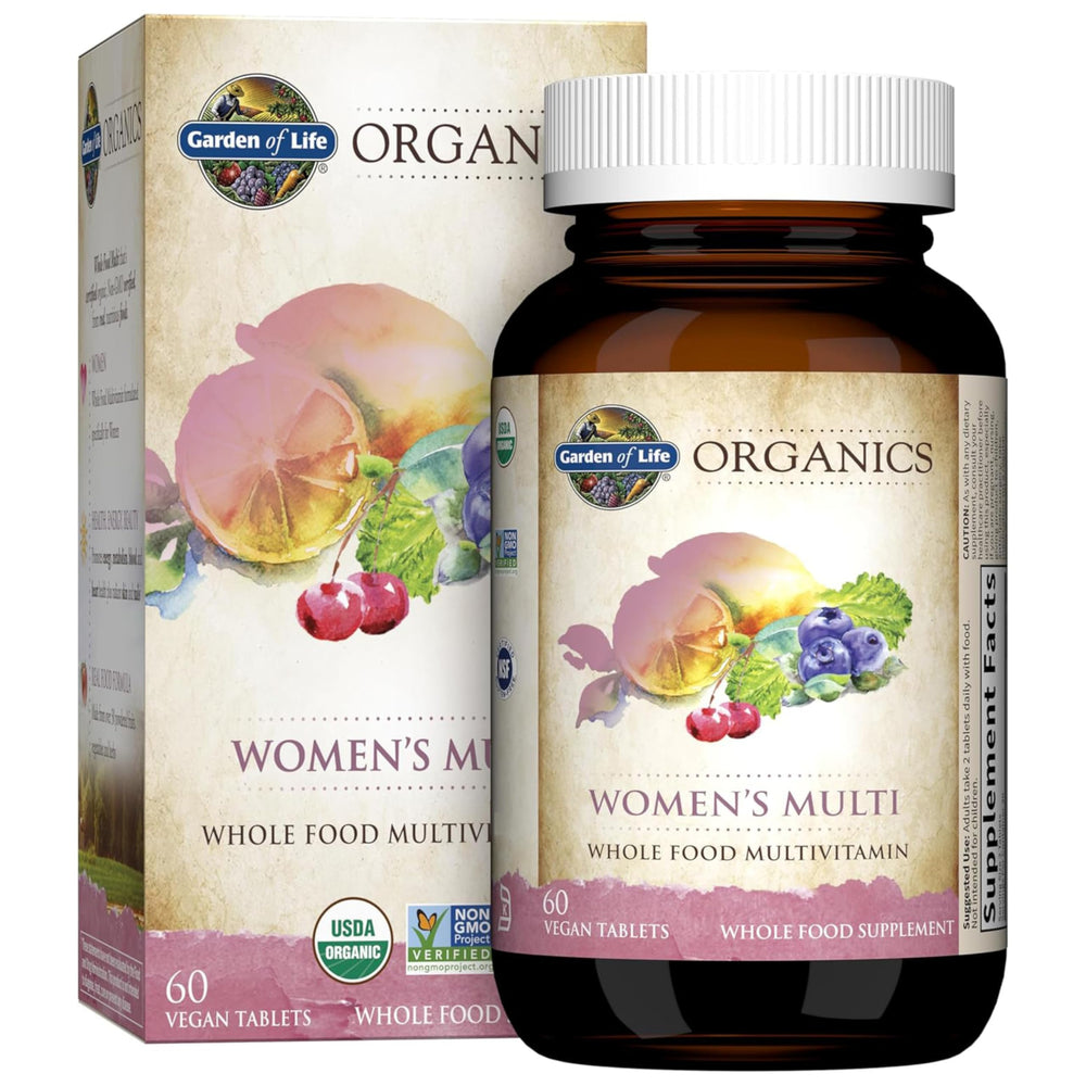 Garden of Life Organics Women's Multivitamin bottle label close-up for daily energy support