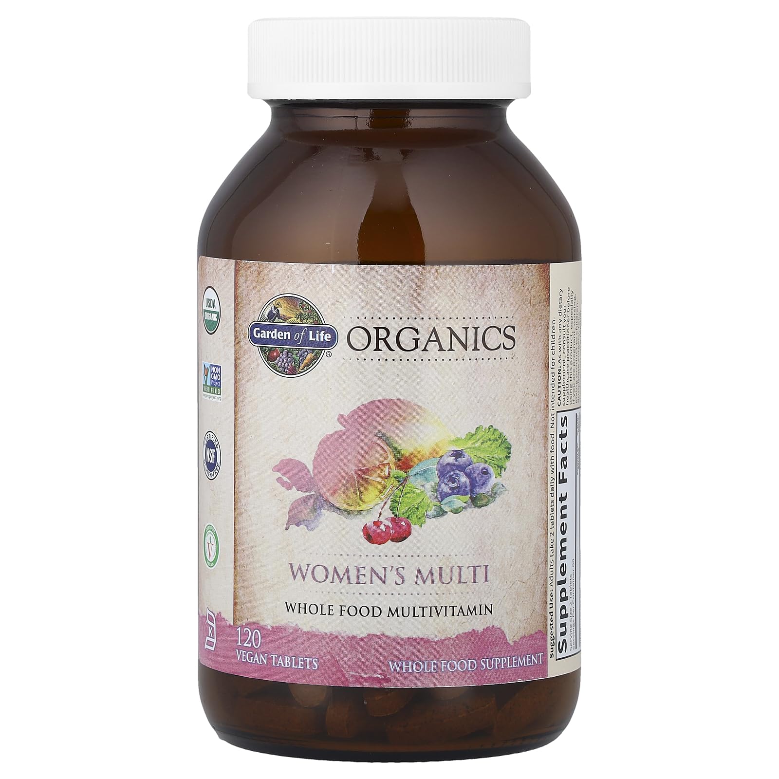 Garden of Life Organics Women's Multivitamin ingredients derived from organic fruits and vegetables.