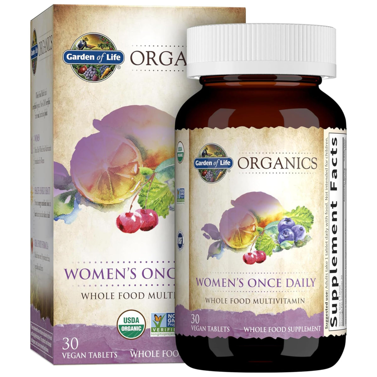 Garden of Life Organics Women’s Multivitamin packaging highlights organic whole-food nutrition for daily wellness.