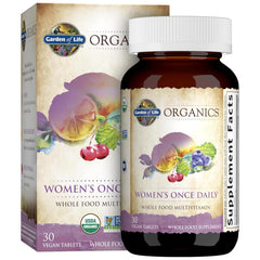 Garden of Life Organics Women’s Multivitamin packaging highlights organic whole-food nutrition for daily wellness.