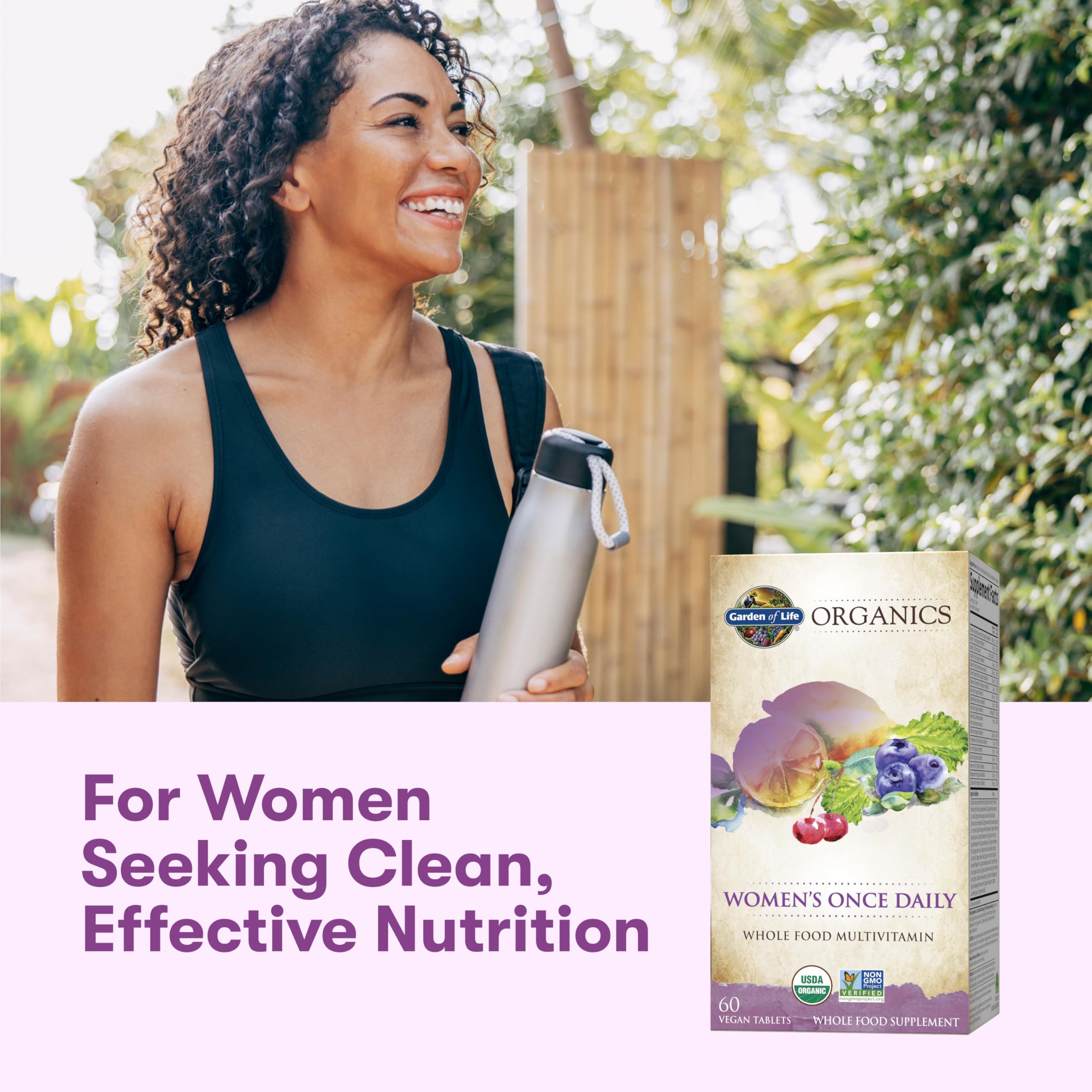 Garden of Life Organics Women's Multivitamin vegan D3 from lichen shown on label