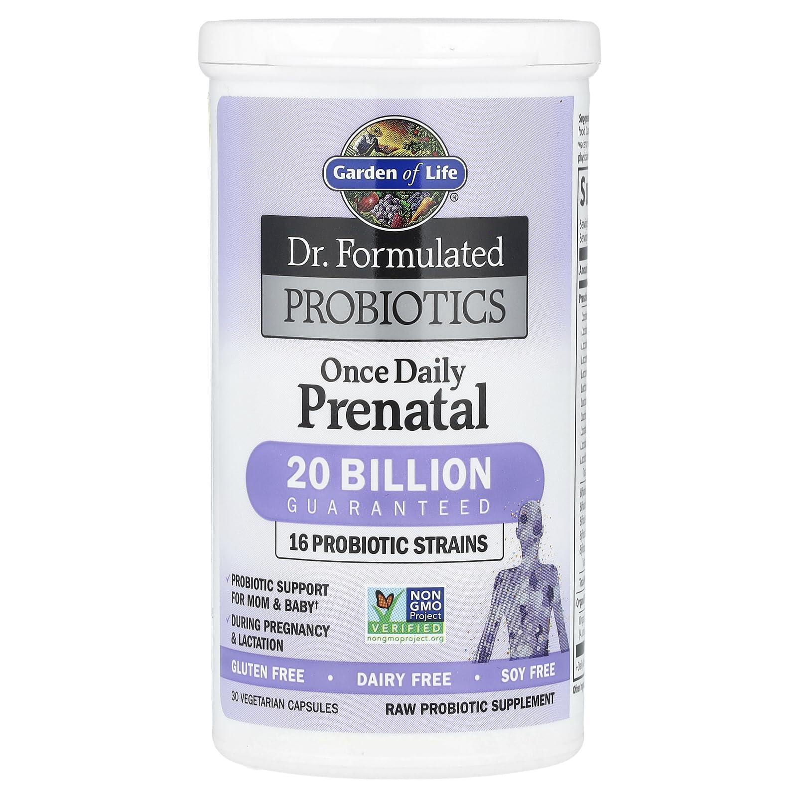 Garden of Life prenatal bottle cap emphasizes shelf-stable and allergen-friendly features