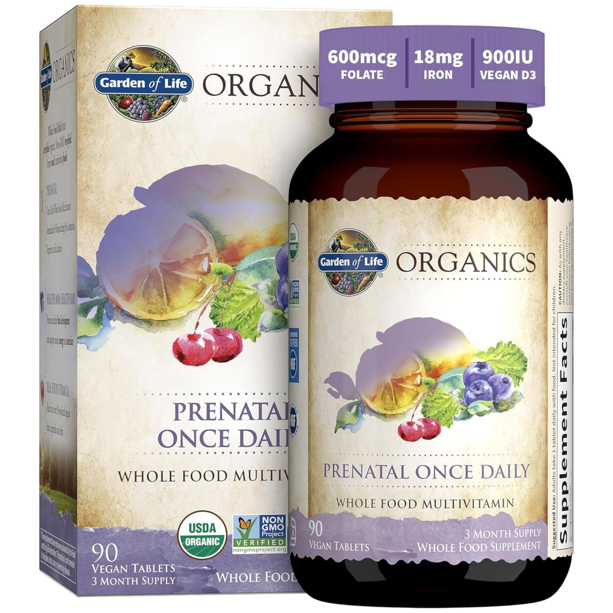 Garden of Life Prenatal bottle label displaying organic certifications and vitamin details.