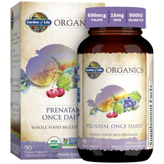 Garden of Life Prenatal bottle label displaying organic certifications and vitamin details.