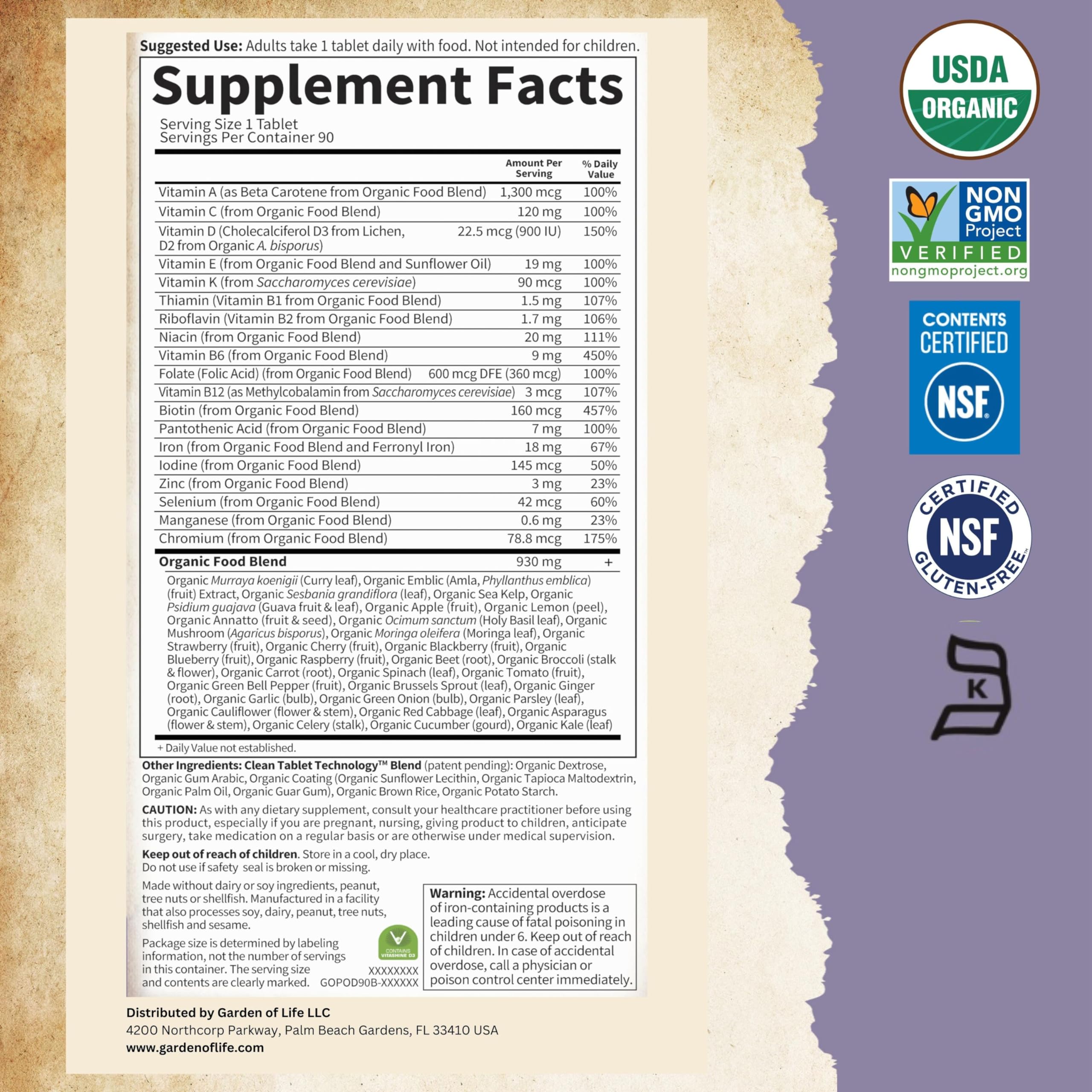 Garden of Life Prenatal certifications icons: organic, non-GMO, vegan, gluten-free.
