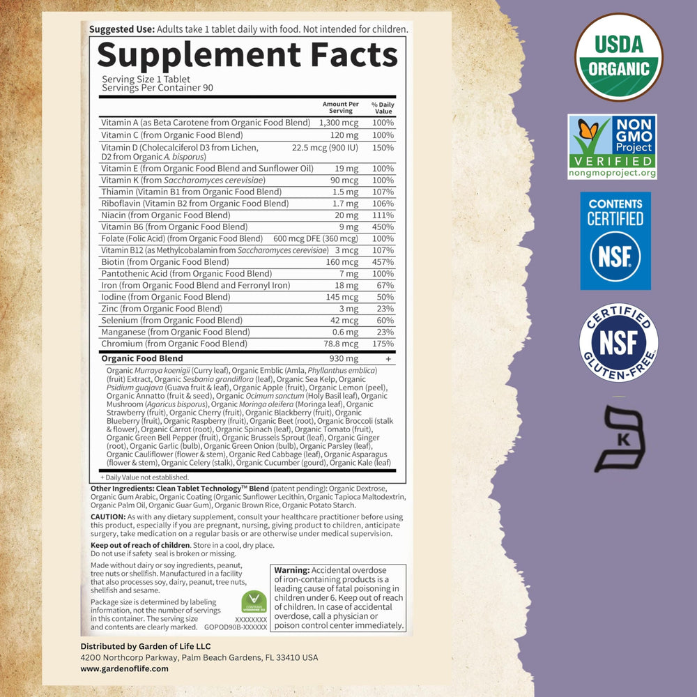 Garden of Life Prenatal certifications icons: organic, non-GMO, vegan, gluten-free.