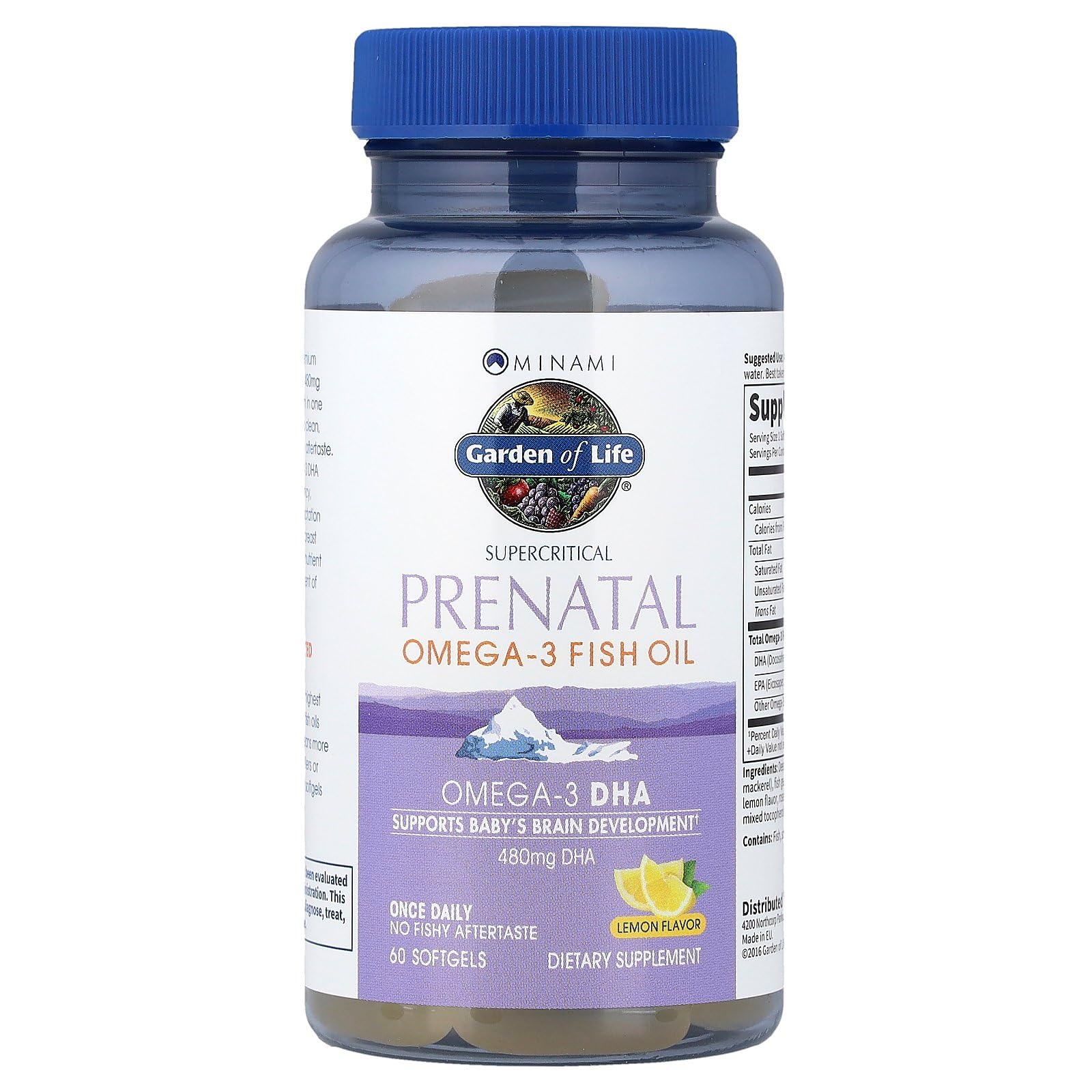 Garden of Life Prenatal DHA softgel closeup shows 480 mg DHA per capsule for prenatal support.