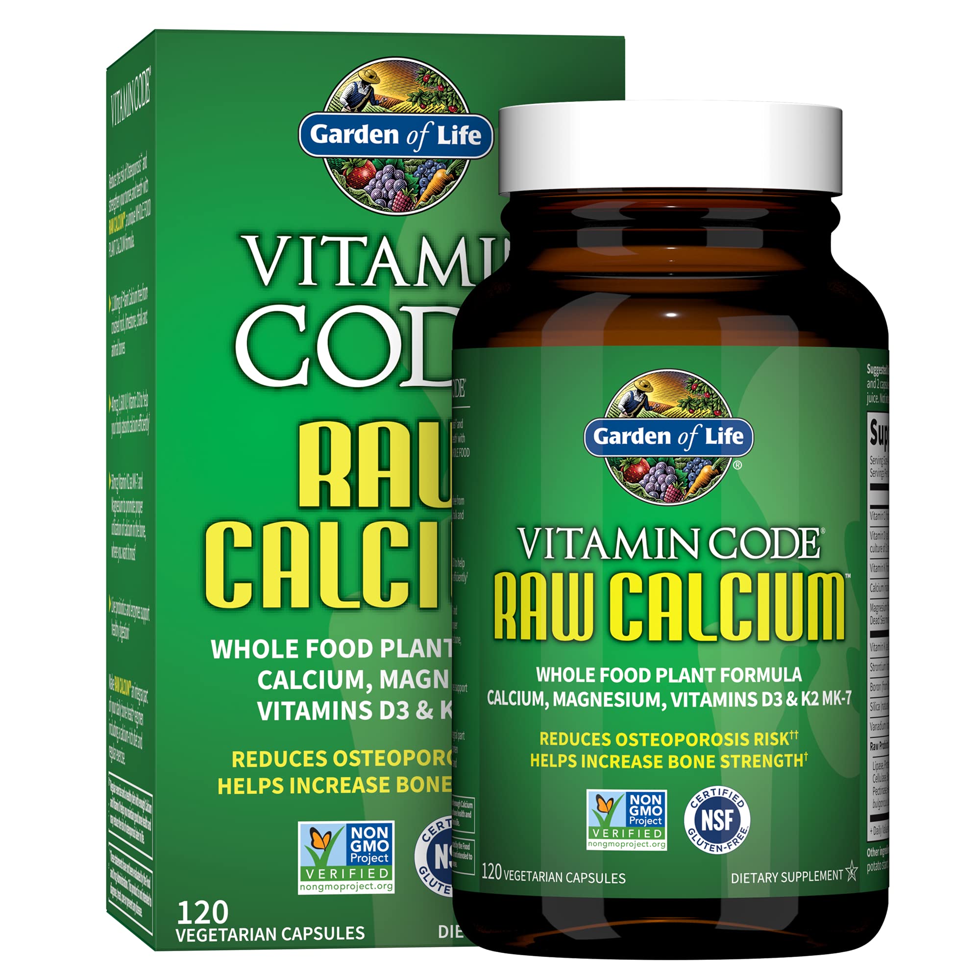 Garden of Life Raw Calcium bottle close-up, plant-based calcium source.