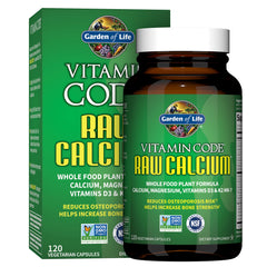 Garden of Life Raw Calcium bottle close-up, plant-based calcium source.