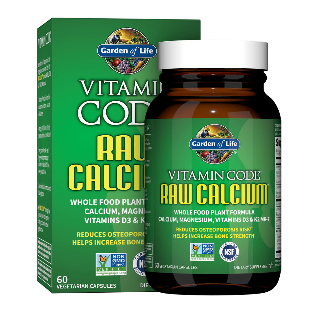 Garden of Life Raw Calcium bottle label highlighting algae-based calcium and co-factors for bone health.