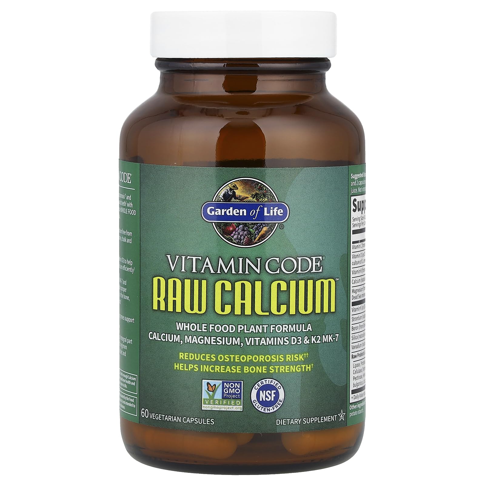 Garden of Life Raw Calcium capsules close-up emphasizing plant-based sourcing.