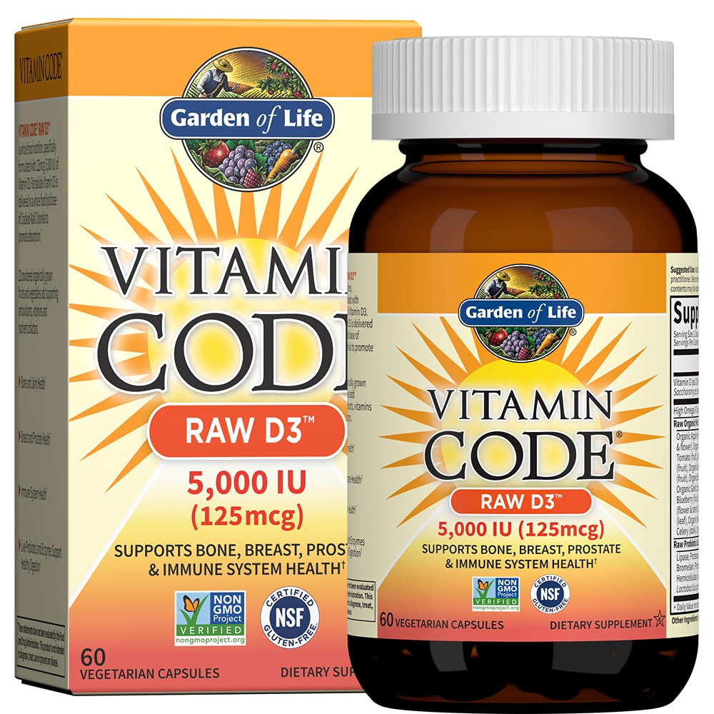 Garden of Life RAW D3 bottle front showing whole-food blend for daily immune support.