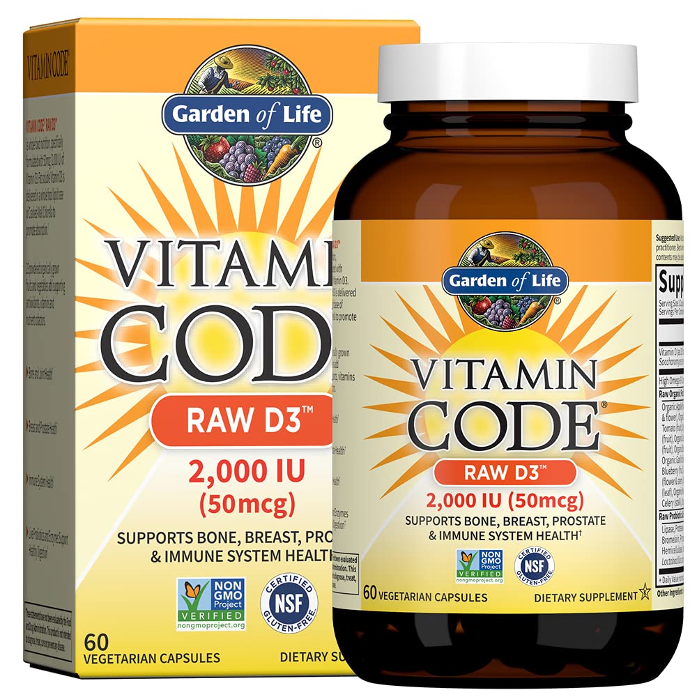 Garden of Life Raw D3 bottle front view showing 2000 IU vitamin D3 for immune and bone support