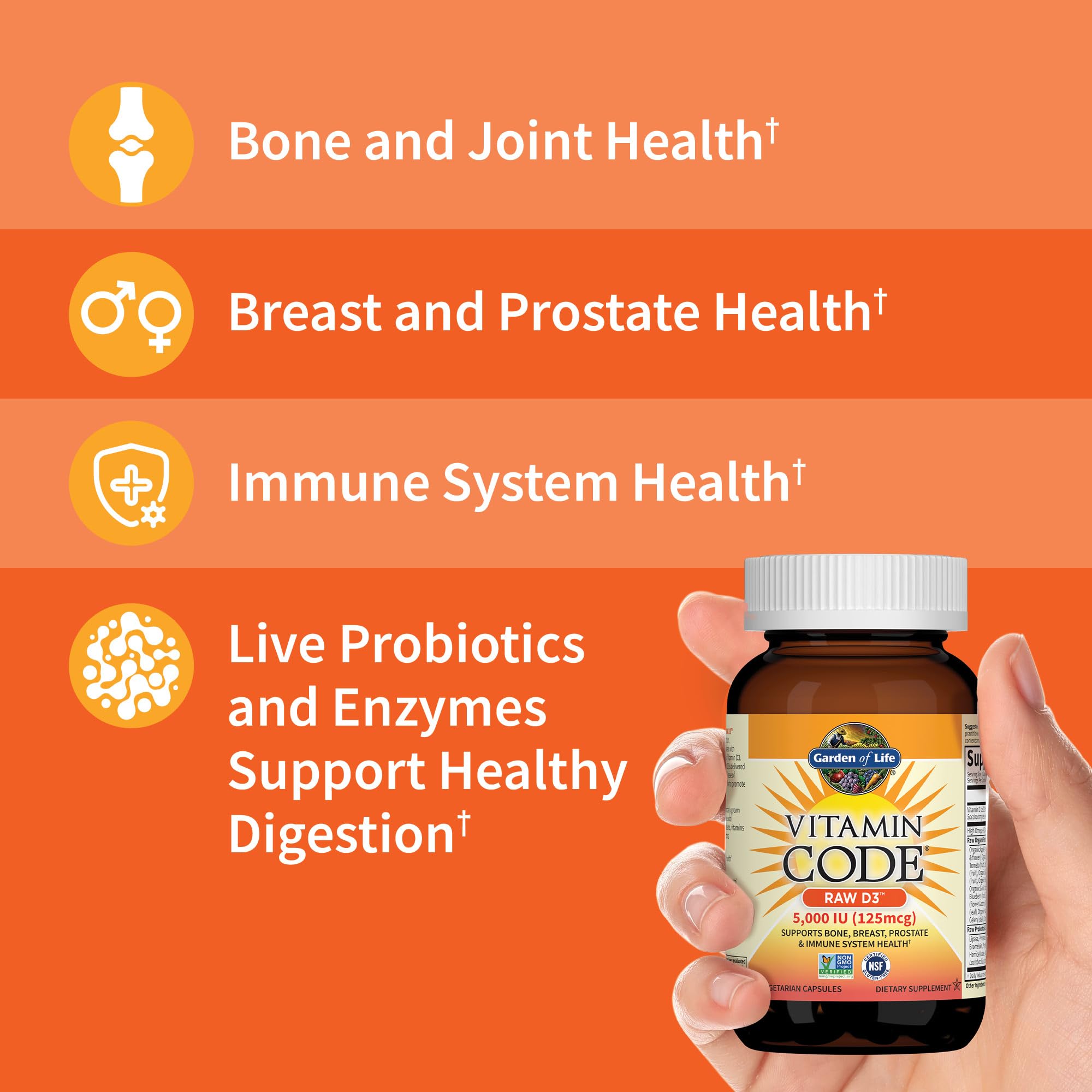 Garden of Life Raw D3 bottle label close-up with ingredient highlights and probiotic blend