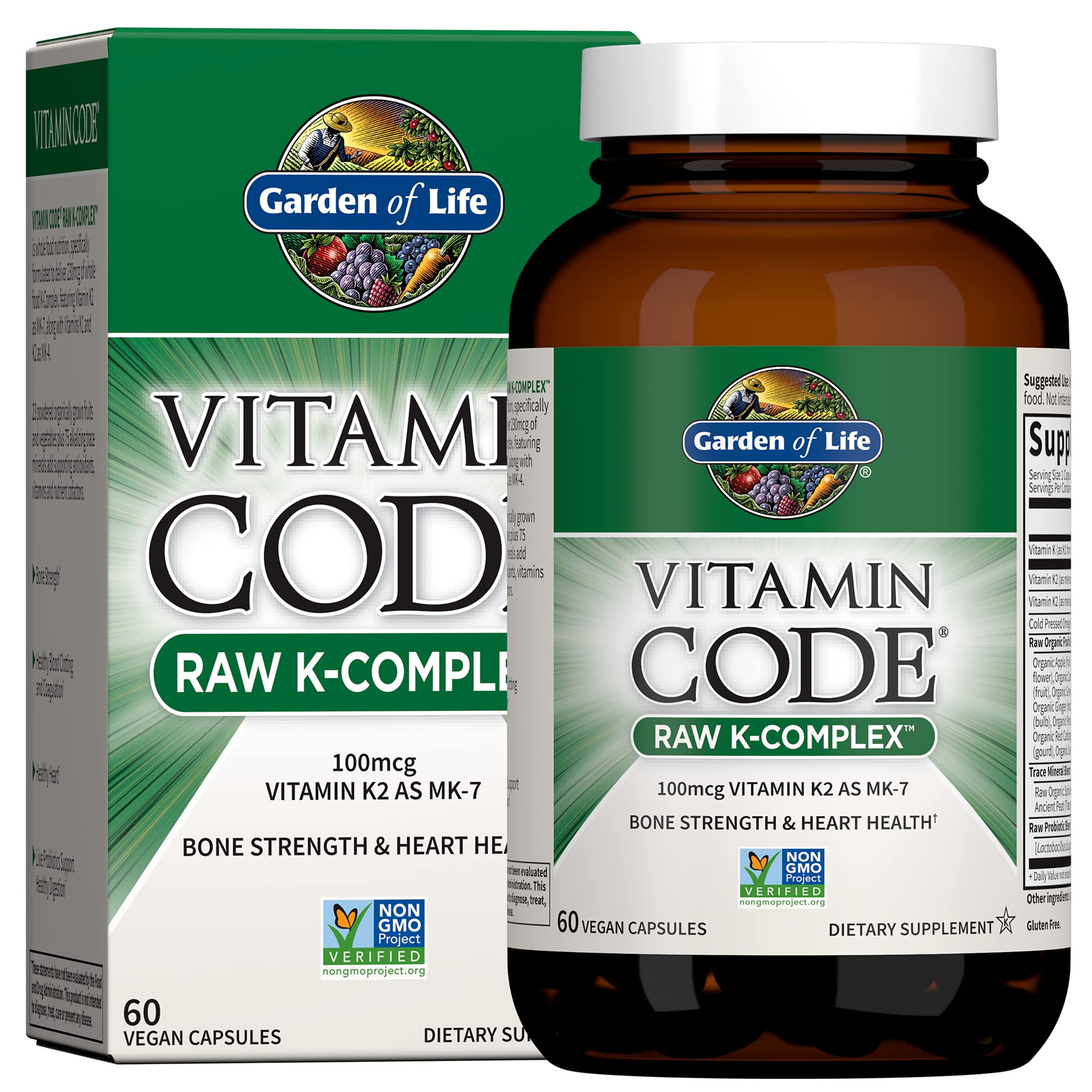 Garden of Life Raw K-Complex bottle shows vegan vitamin K for bone support