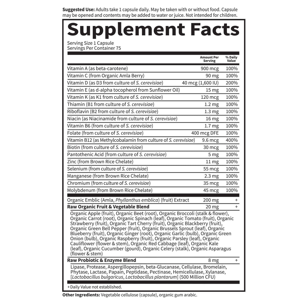 Bottle label notes 24 raw fruits and vegetables in the blend