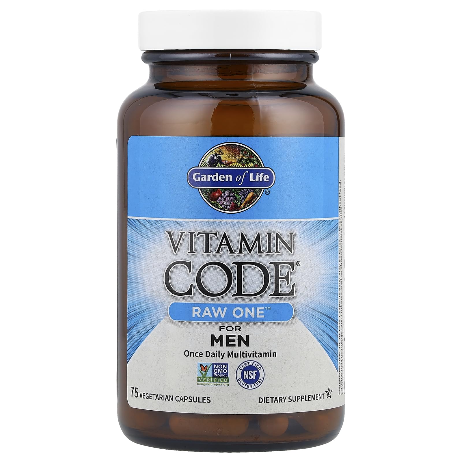 Label detail shows probiotics and minerals in Garden of Life RAW ONE for Men