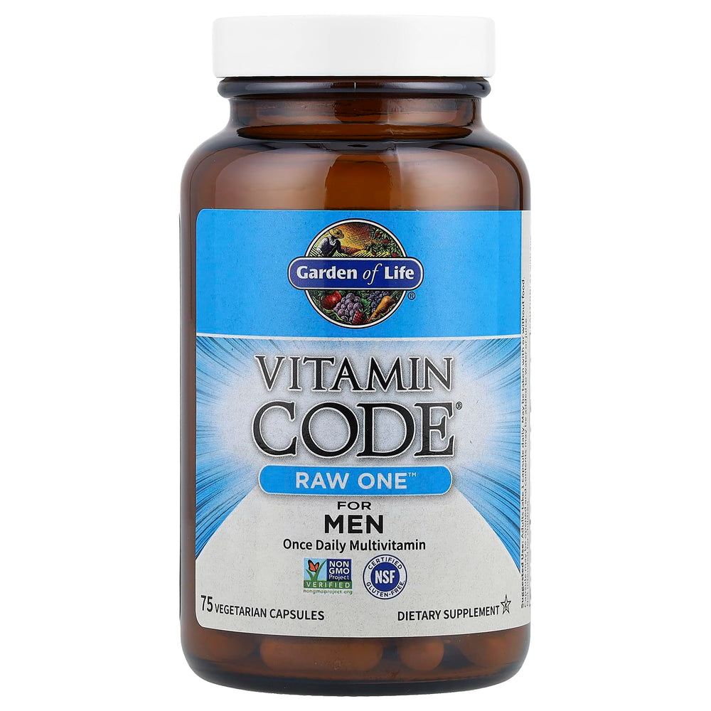Label detail shows probiotics and minerals in Garden of Life RAW ONE for Men