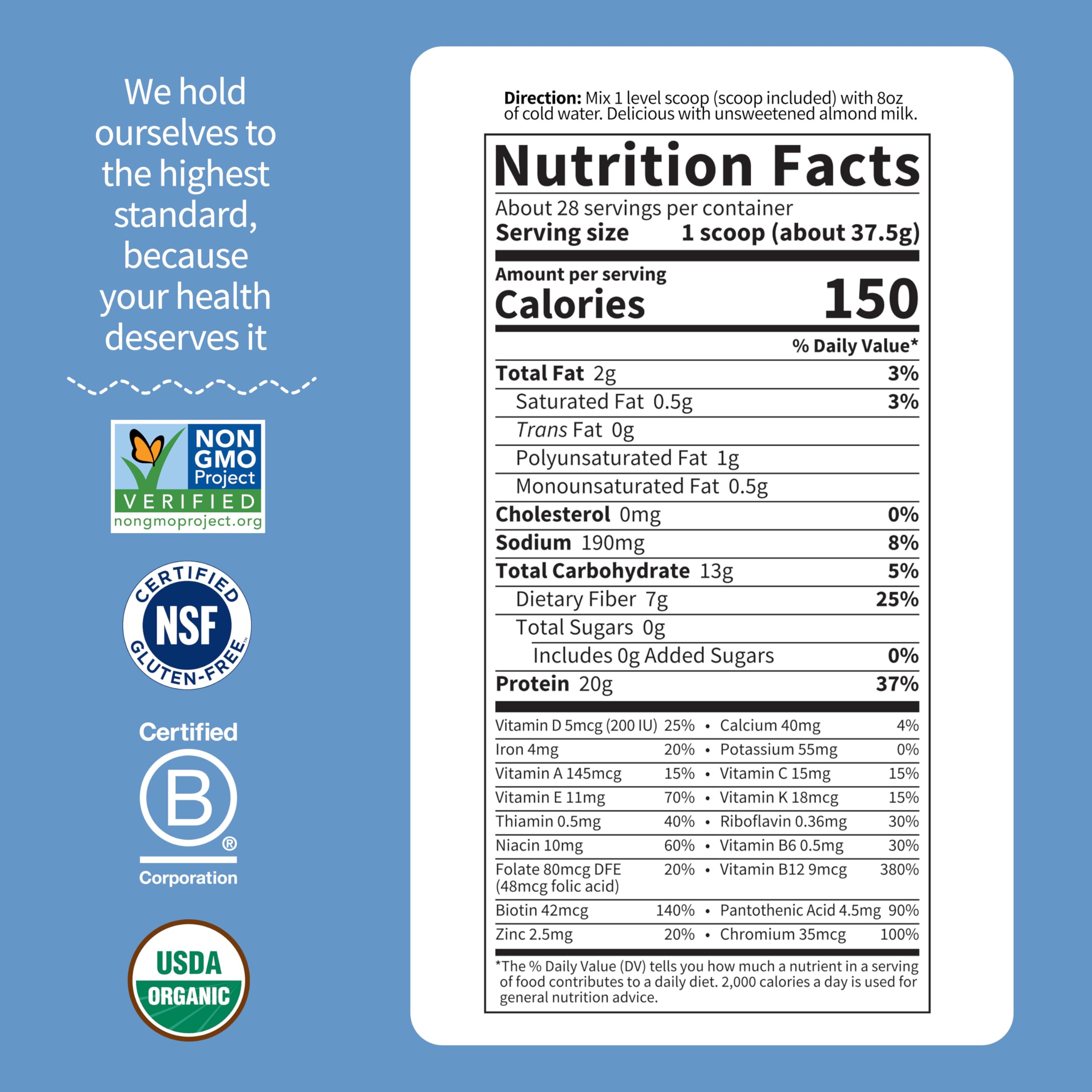 Garden of Life label close-up showing organic and vegan certifications