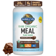 Garden of Life Raw Organic Meal Replacement chocolate shake in a tub, signaling a protein-packed dairy-free option.