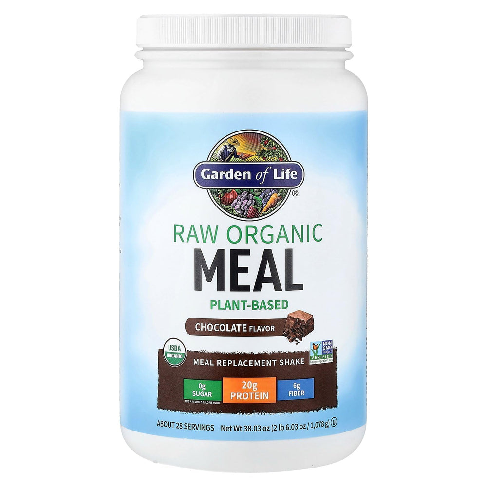 Garden of Life Raw Organic Meal Replacement shake mixed with water in a glass for a quick meal.