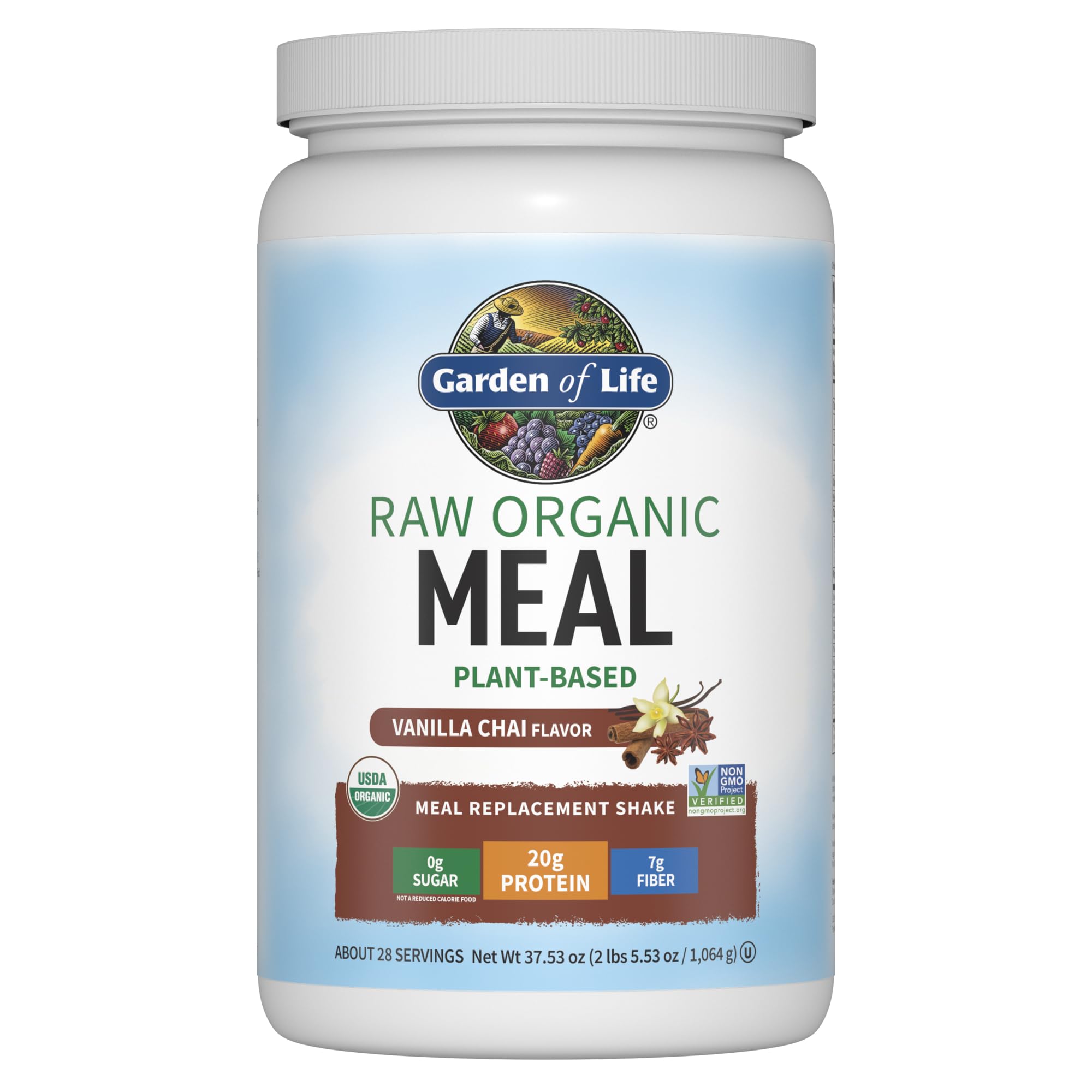 Garden of Life vanilla chai powder for a creamy plant-based meal replacement.