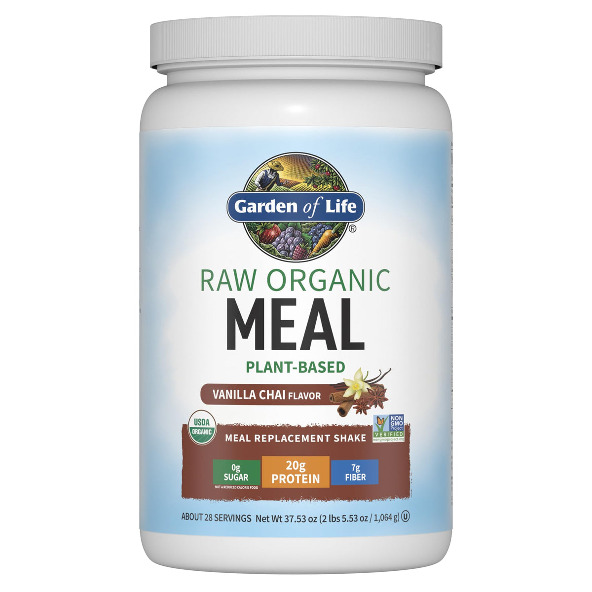 Garden of Life vanilla chai powder for a creamy plant-based meal replacement.