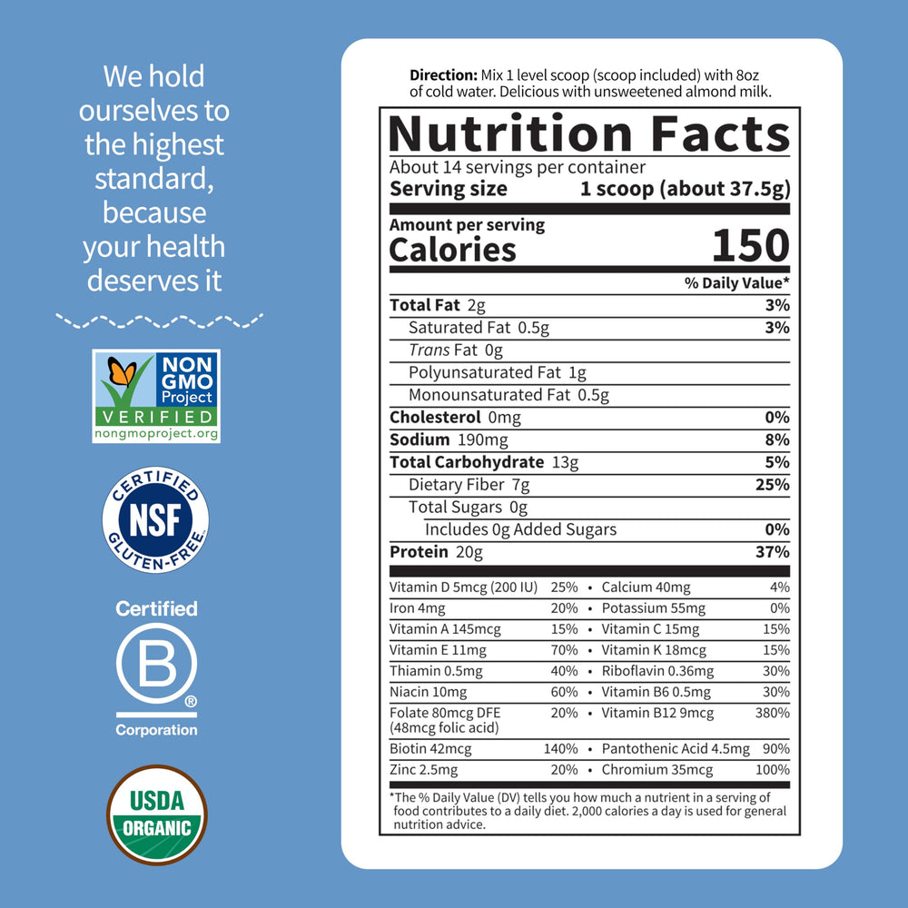 Garden of Life Raw Organic Meal vanilla nutrition facts emphasizing 20g protein per serving