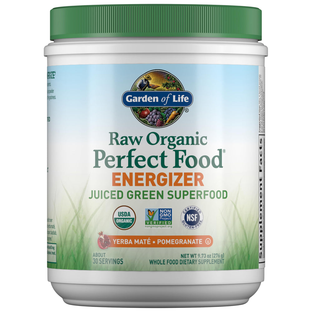Garden of Life Energizer bottle shows Yerba Mate Pomegranate energy