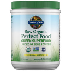 Garden of Life Raw Organic Perfect Food Green Powder bottle showing vibrant greens for daily energy and nutrition.