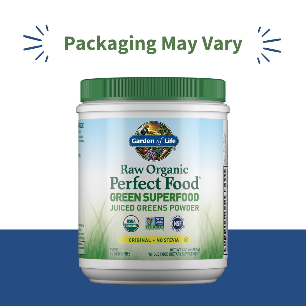 Garden of Life Perfect Food powder scoop ready for quick smoothies for a healthy boost.