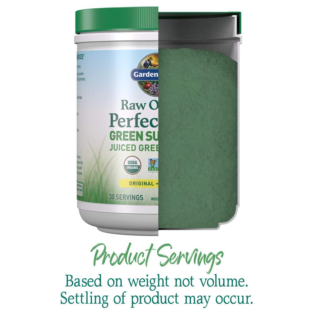 Garden of Life Green powder poured into a glass for easy mixing and daily use.