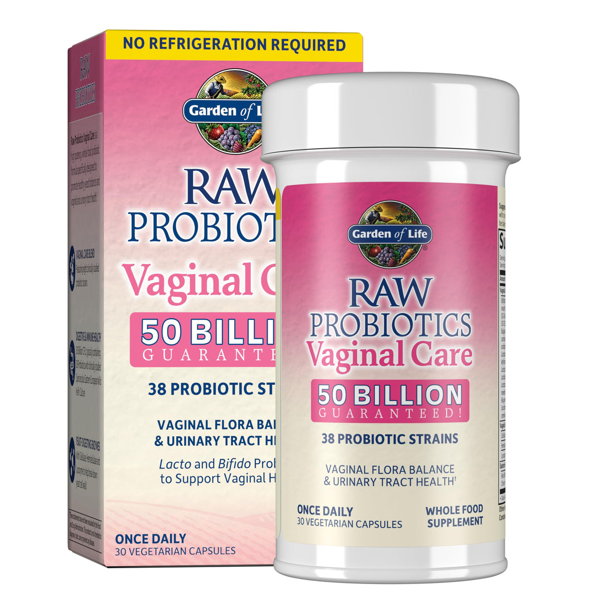 Garden of Life Raw Probiotics Vaginal Care bottle shown on a clean surface for daily balance support.
