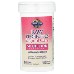 Garden of Life Raw Probiotics Vaginal Care label featuring clean ingredients and capsule count.