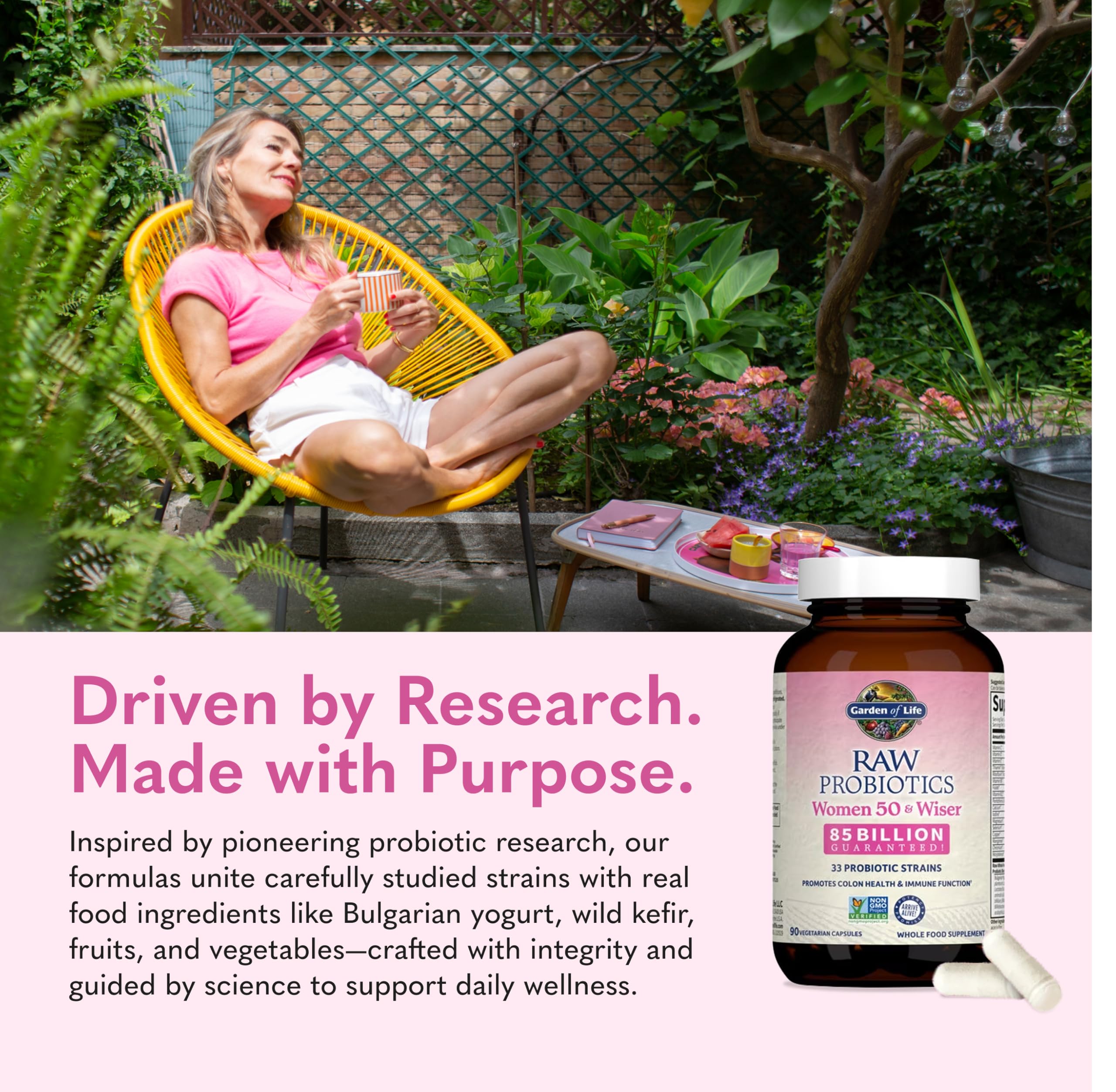 Garden of Life Raw Probiotics Women 50 & Wiser probiotic blend with vitamins supports daily wellness.