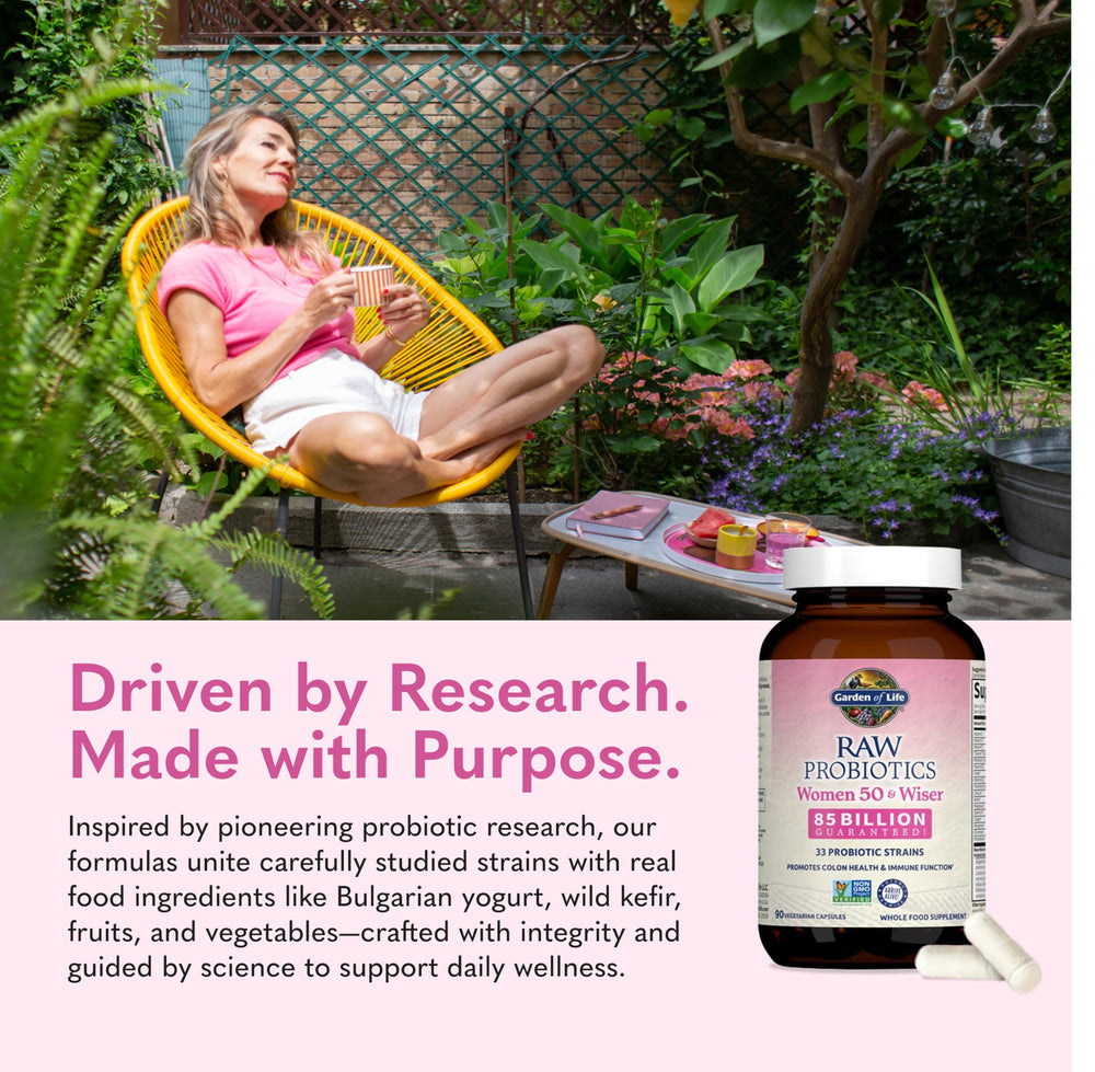Garden of Life Raw Probiotics Women 50 & Wiser probiotic blend with vitamins supports daily wellness.